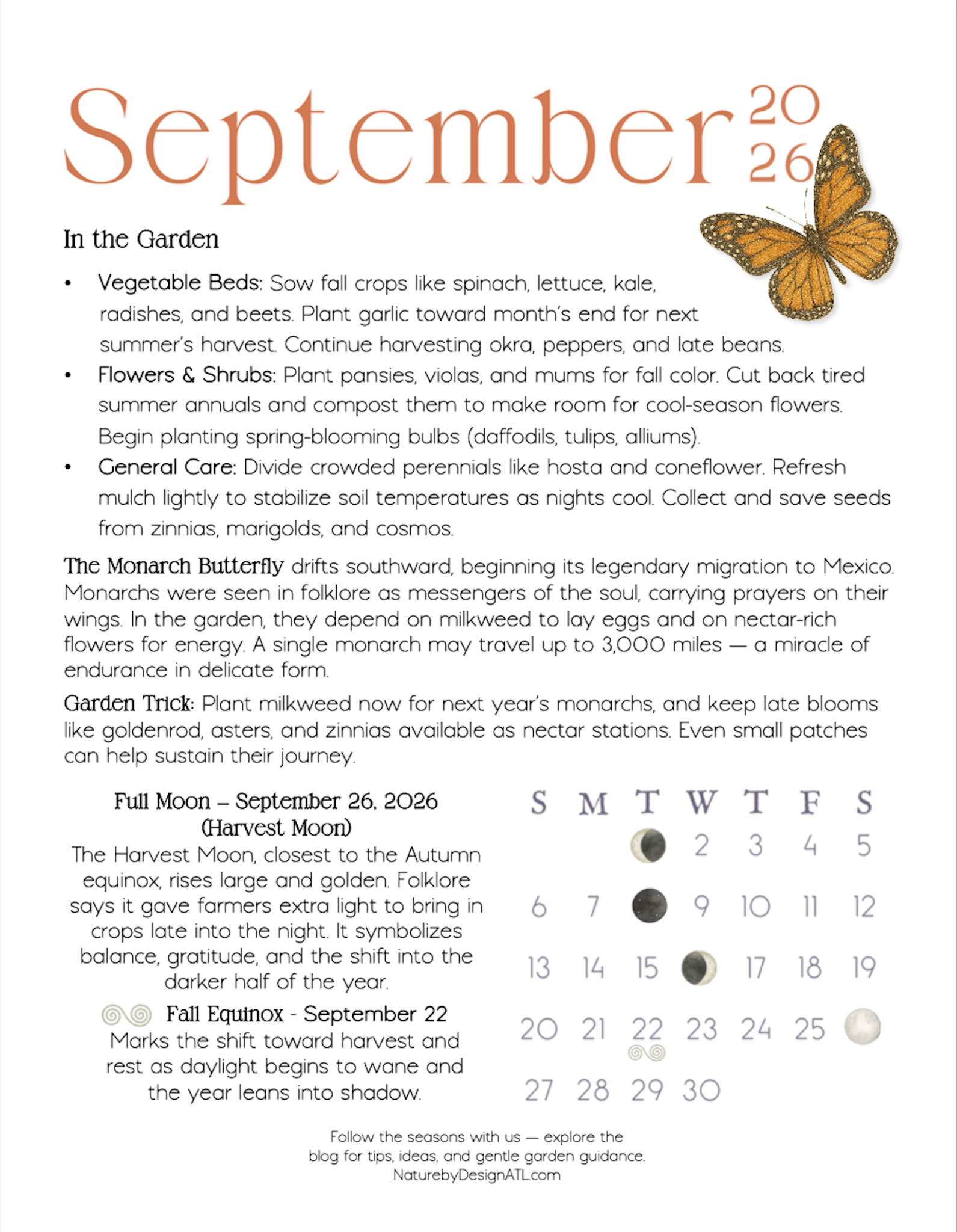 September 2026 Georgia garden calendar featuring monarch migration, fall planting guidance, moon phases, and the autumn equinox